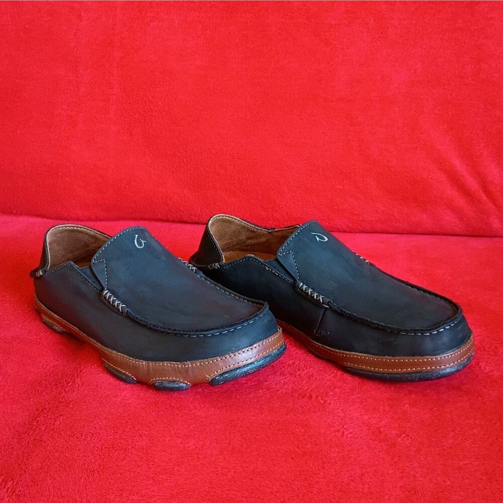 OluKai Mens Moloa Leather Slip-On Shoes Size 8M Black Brown Loafers